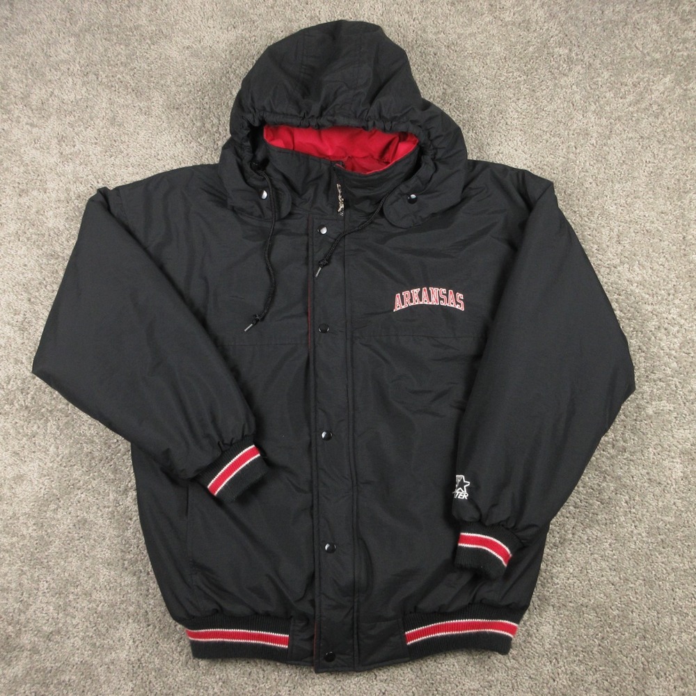 Vintage Arkansas Razorbacks Jacket Mens Large Black Starter Puffer Hooded Logo